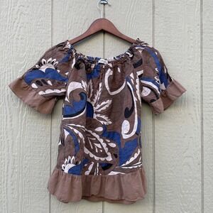 Terzo Millennio womens Top Small Brown Linen Italy Abstract Bottom Sleeve Ruffle